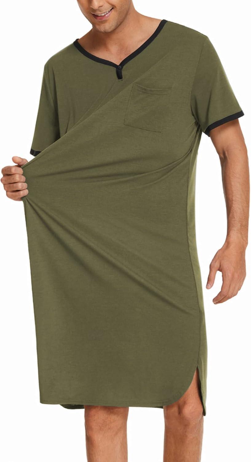 imageEkouaer Mens Nightshirt Nightwear Comfy BigampTall Short Sleeve Henley Sleep ShirtArmy Green