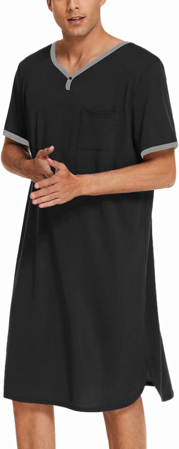 imageEkouaer Mens Nightshirt Nightwear Comfy BigampTall Short Sleeve Henley Sleep ShirtBlack
