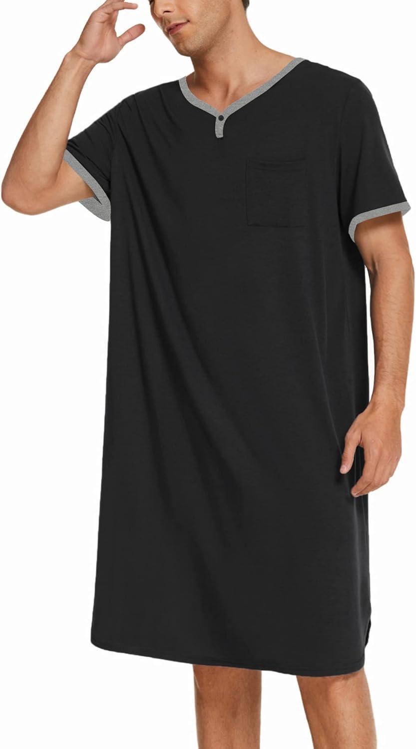 imageEkouaer Mens Nightshirt Nightwear Comfy BigampTall Short Sleeve Henley Sleep ShirtBlack