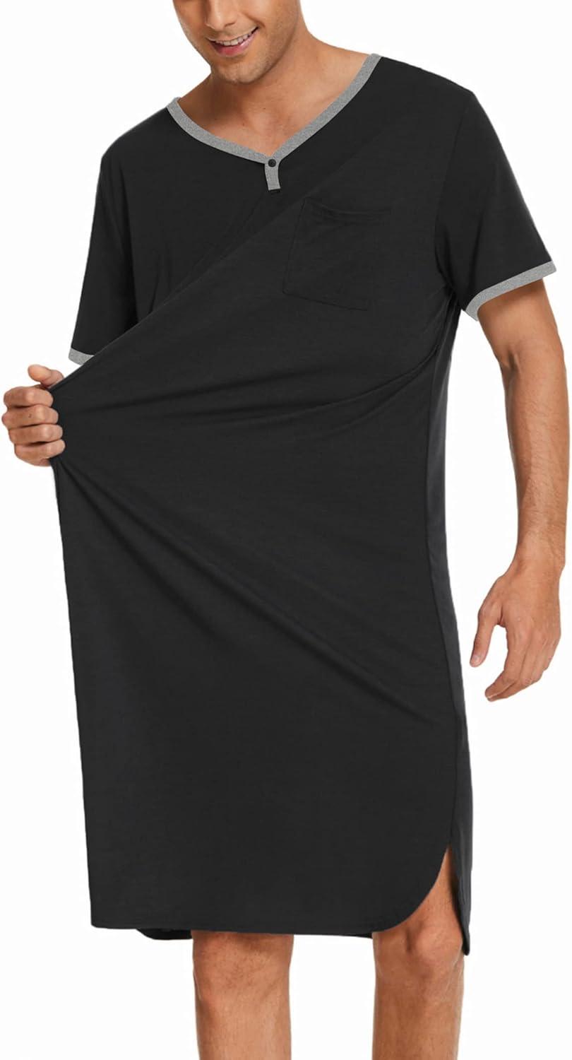 imageEkouaer Mens Nightshirt Nightwear Comfy BigampTall Short Sleeve Henley Sleep ShirtBlack