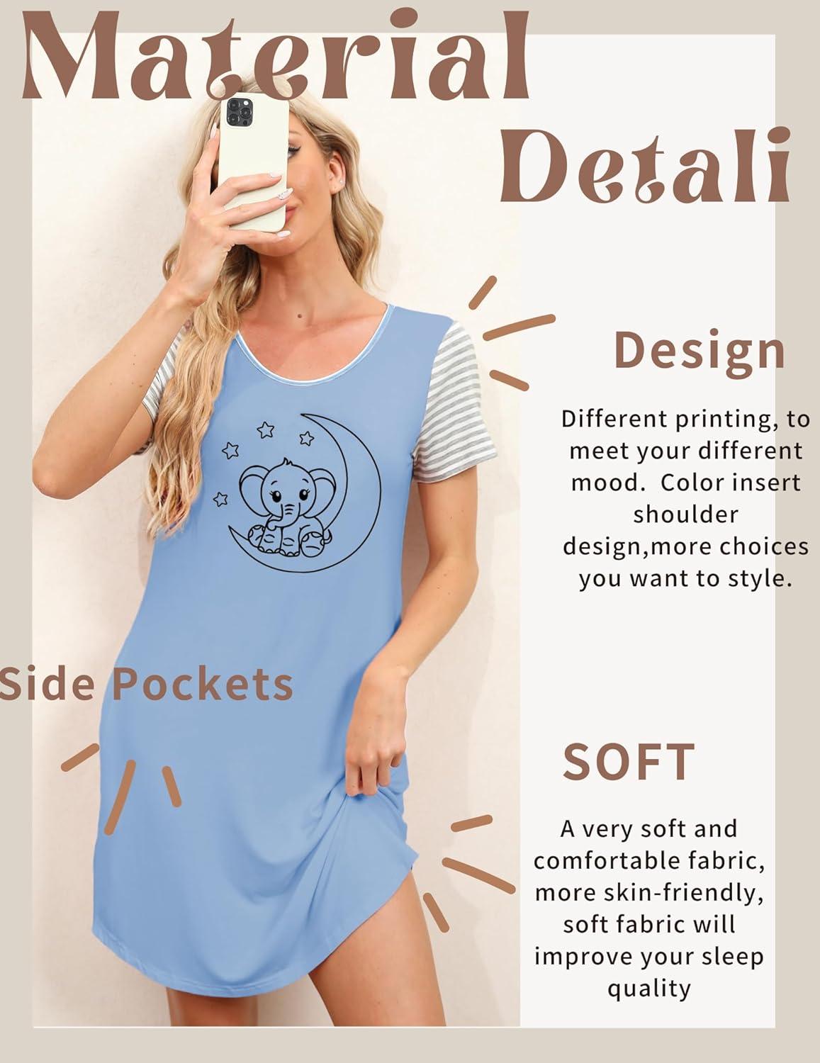 imageEkouaer Nightgowns for Women Soft Sleep Shirts with Pockets Short Sleeves Printed Crewneck Nightshirt SXXXLBlue Moon Elephant