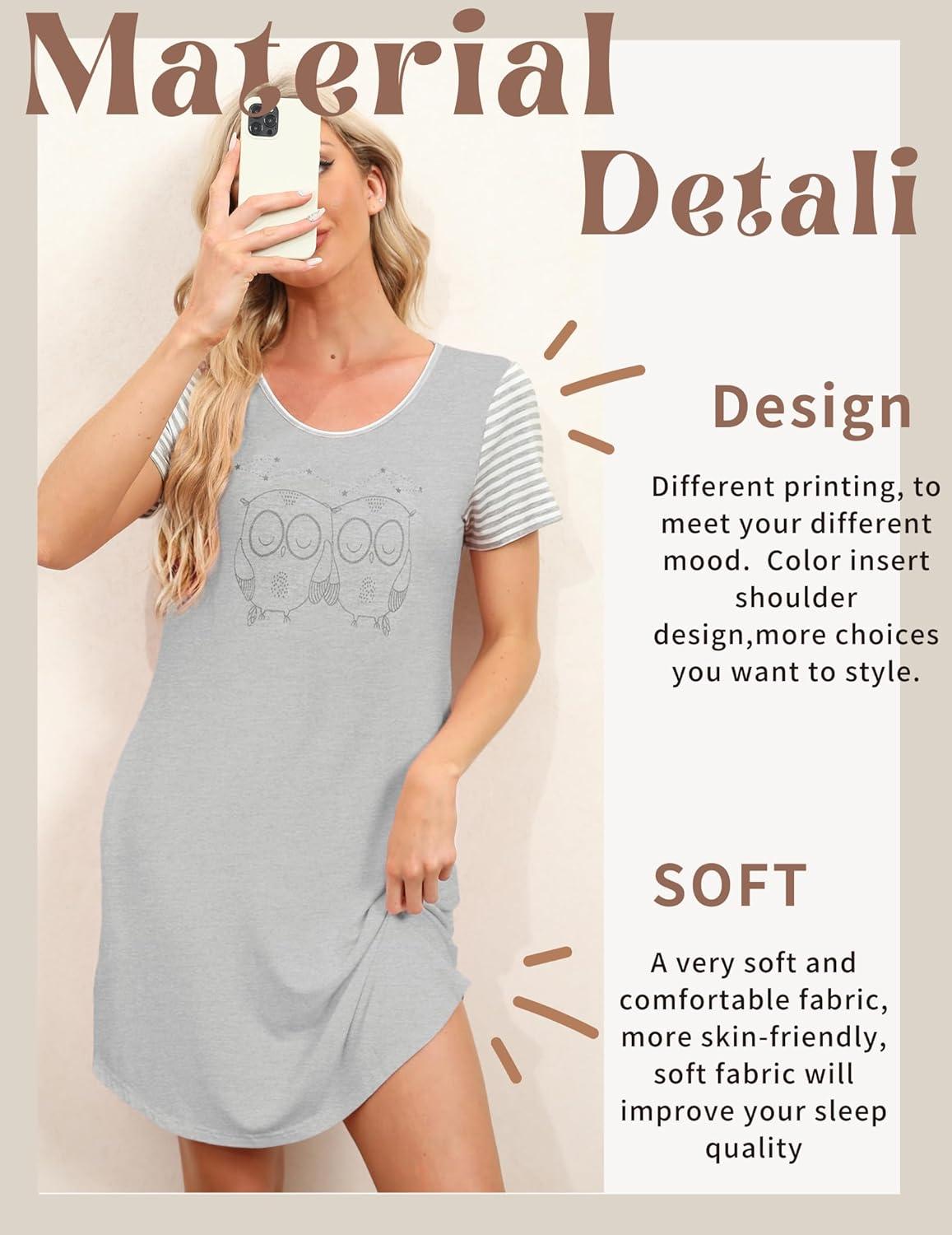 imageEkouaer Nightgowns for Women Soft Sleep Shirts with Pockets Short Sleeves Printed Crewneck Nightshirt SXXXLLight Grey