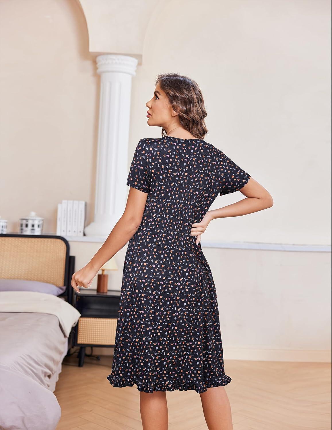 imageEkouaer Nightgowns for Women with Pockets Button Front Short Sleeve House Dresses Floral Print Mumu DressBlack