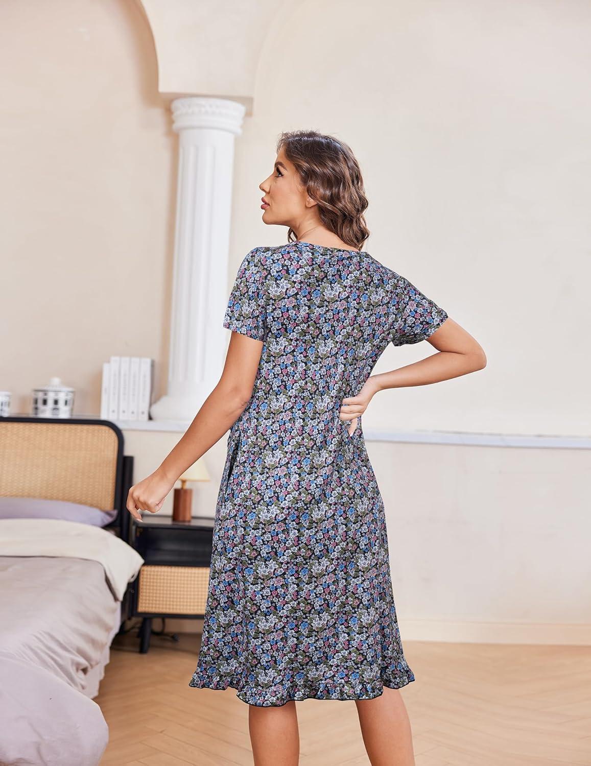 imageEkouaer Nightgowns for Women with Pockets Button Front Short Sleeve House Dresses Floral Print Mumu DressBlack Flower