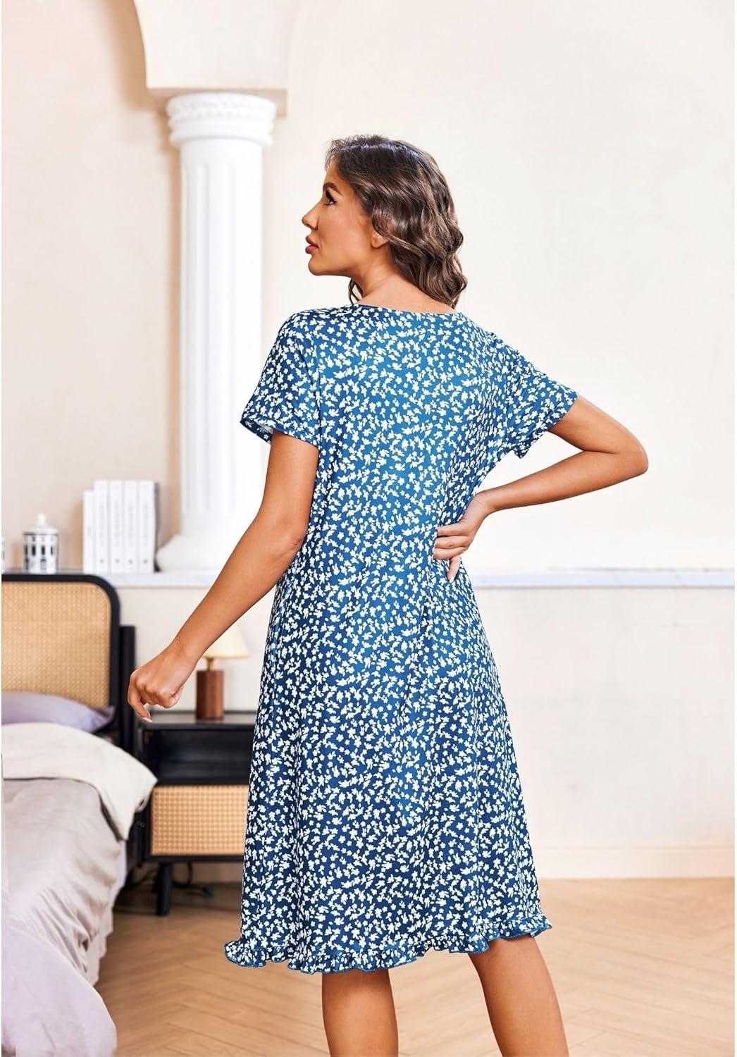 imageEkouaer Nightgowns for Women with Pockets Button Front Short Sleeve House Dresses Floral Print Mumu DressBlue