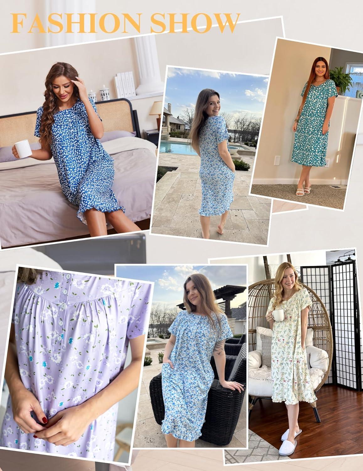imageEkouaer Nightgowns for Women with Pockets Button Front Short Sleeve House Dresses Floral Print Mumu DressBlue