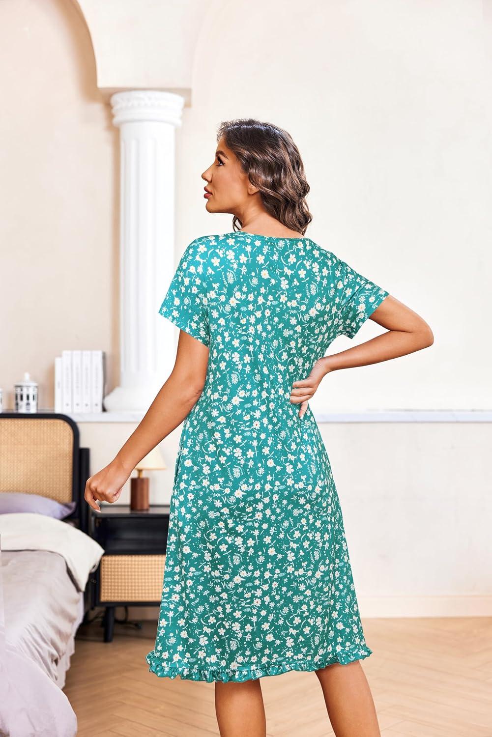 imageEkouaer Nightgowns for Women with Pockets Button Front Short Sleeve House Dresses Floral Print Mumu DressGreen