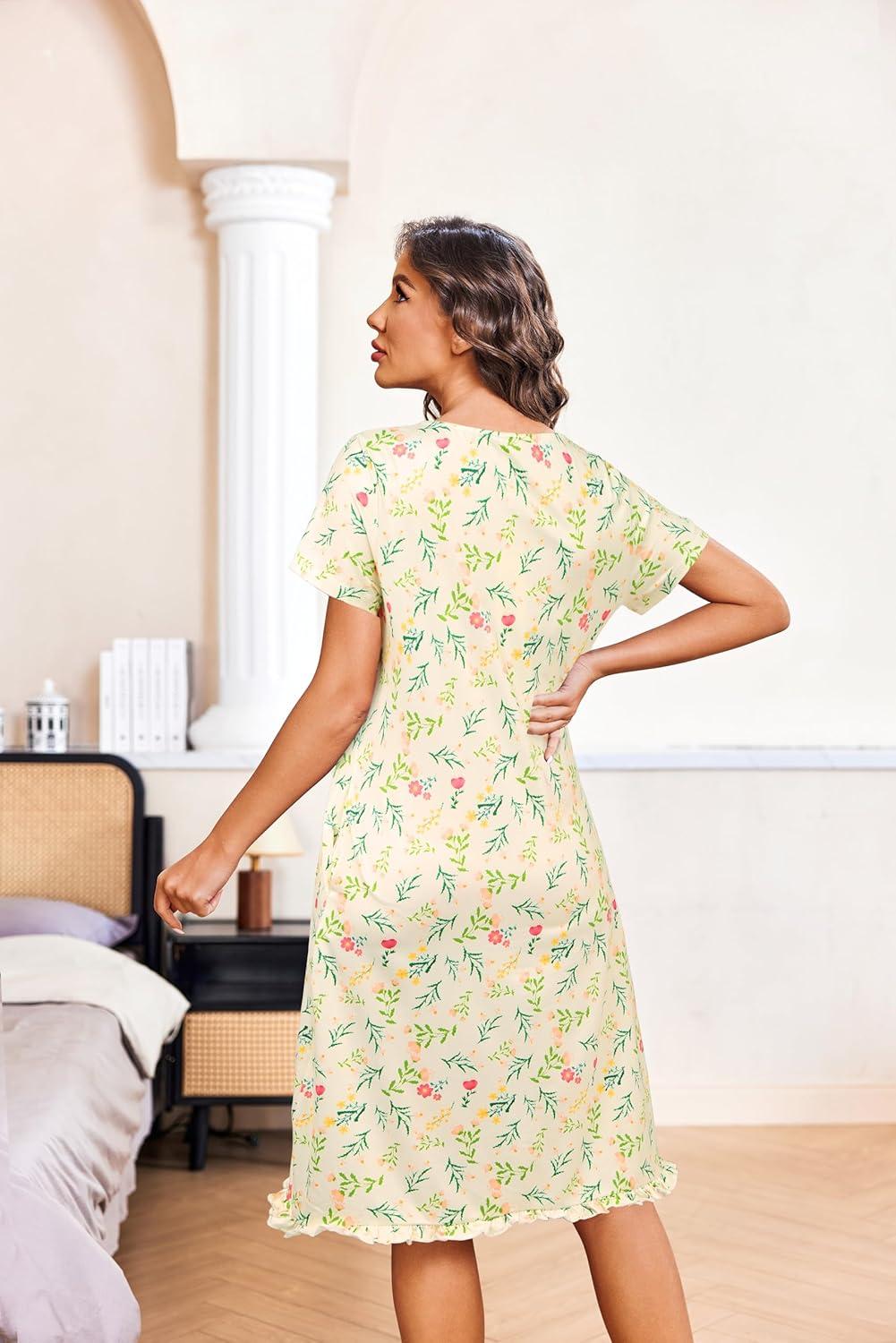 imageEkouaer Nightgowns for Women with Pockets Button Front Short Sleeve House Dresses Floral Print Mumu DressGreen Leaf