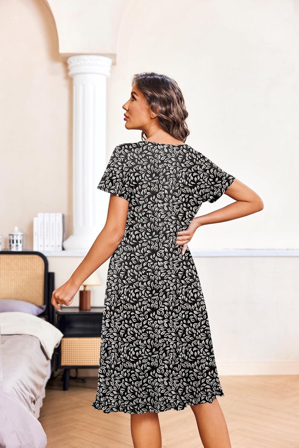 imageEkouaer Nightgowns for Women with Pockets Button Front Short Sleeve House Dresses Floral Print Mumu DressKhaki Leaf