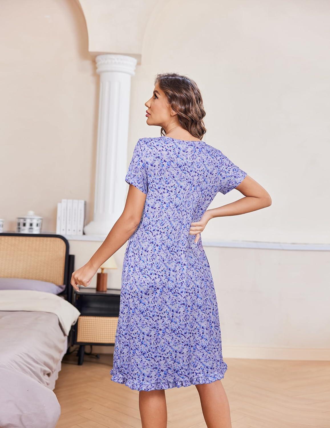 imageEkouaer Nightgowns for Women with Pockets Button Front Short Sleeve House Dresses Floral Print Mumu DressLavender