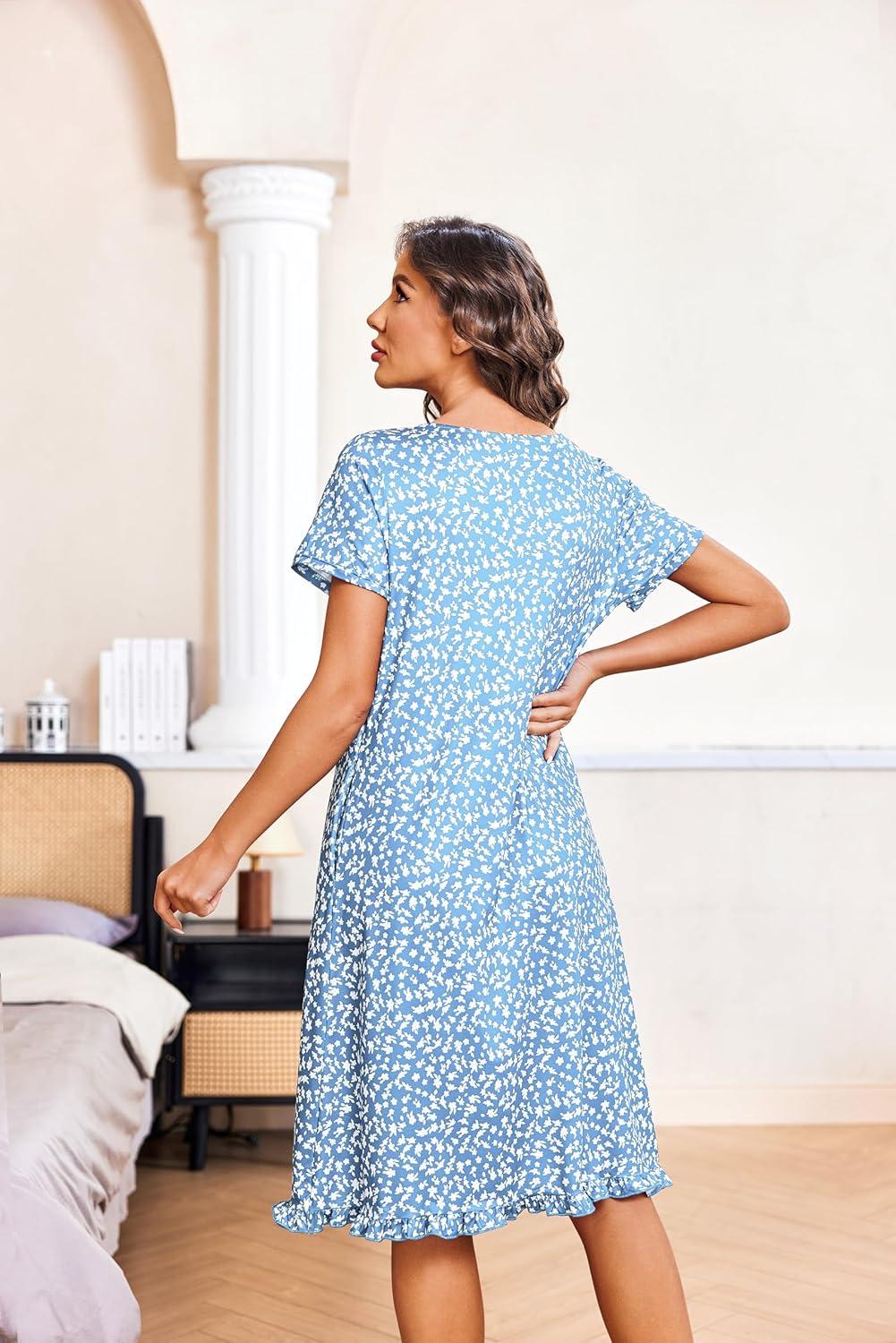 imageEkouaer Nightgowns for Women with Pockets Button Front Short Sleeve House Dresses Floral Print Mumu DressLight Blue