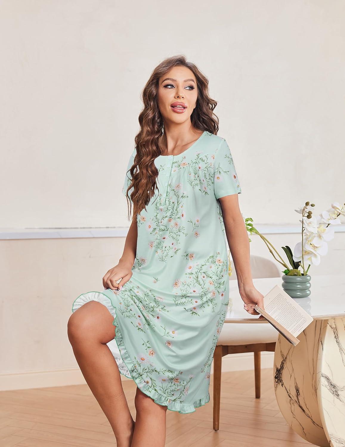 imageEkouaer Nightgowns for Women with Pockets Button Front Short Sleeve House Dresses Floral Print Mumu DressLight Green Daisy