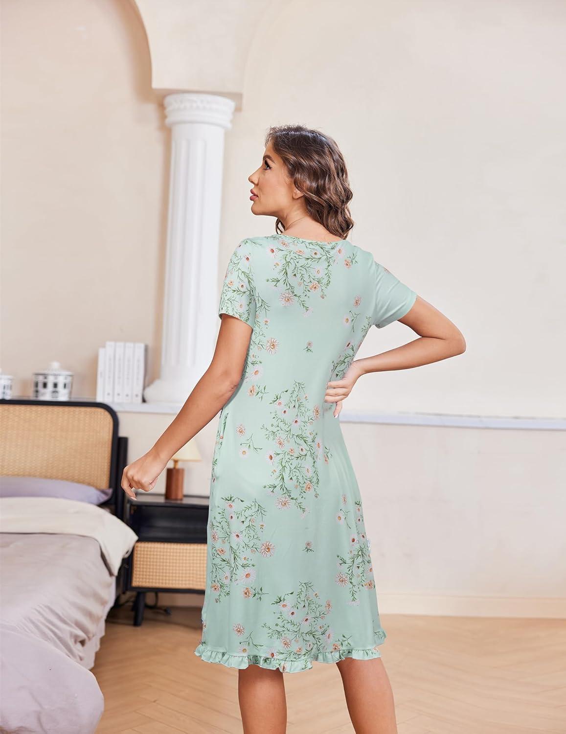 imageEkouaer Nightgowns for Women with Pockets Button Front Short Sleeve House Dresses Floral Print Mumu DressLight Green Daisy