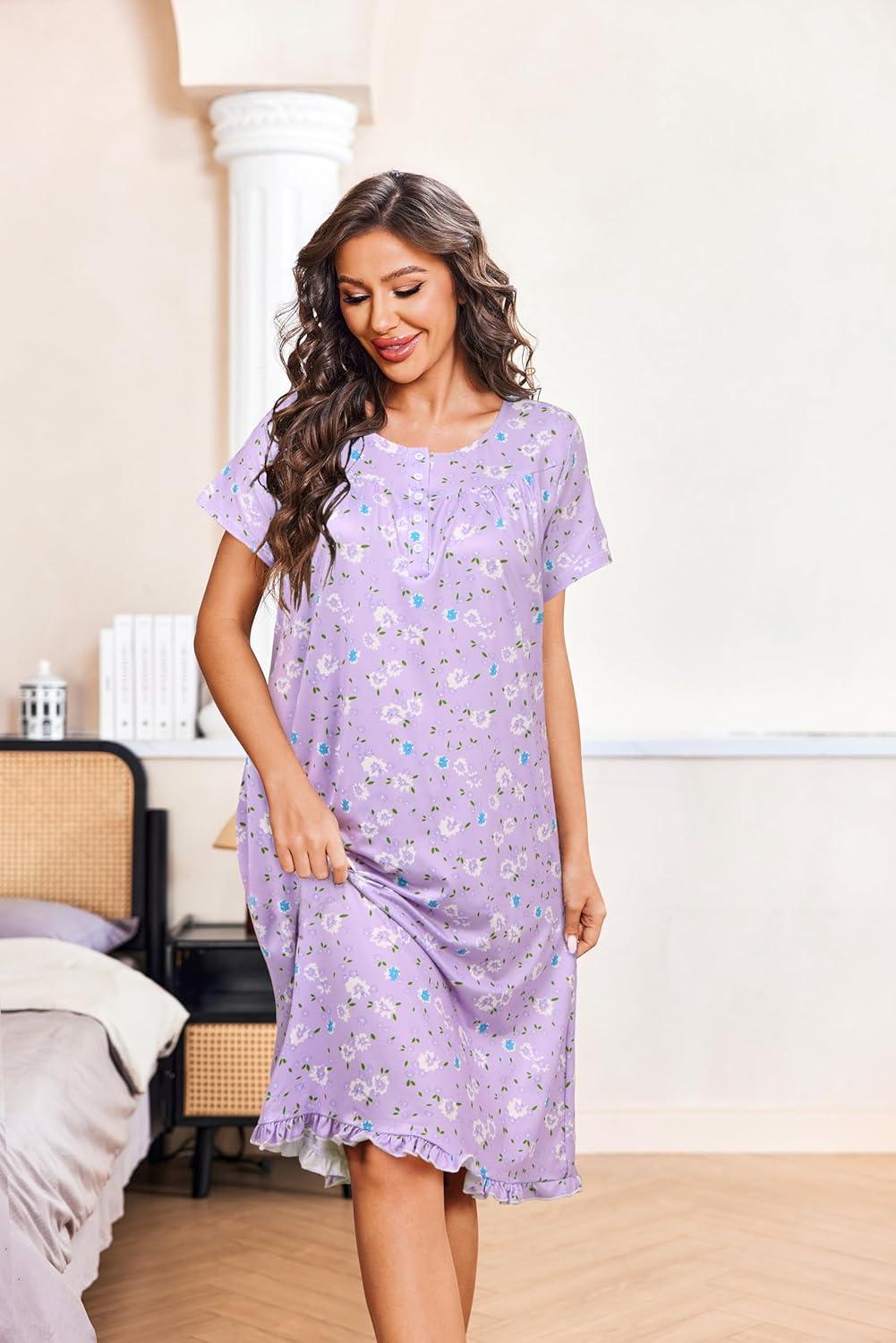 imageEkouaer Nightgowns for Women with Pockets Button Front Short Sleeve House Dresses Floral Print Mumu DressPurple