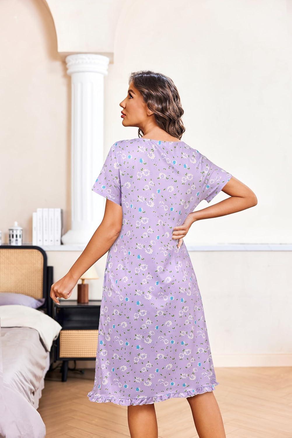 imageEkouaer Nightgowns for Women with Pockets Button Front Short Sleeve House Dresses Floral Print Mumu DressPurple