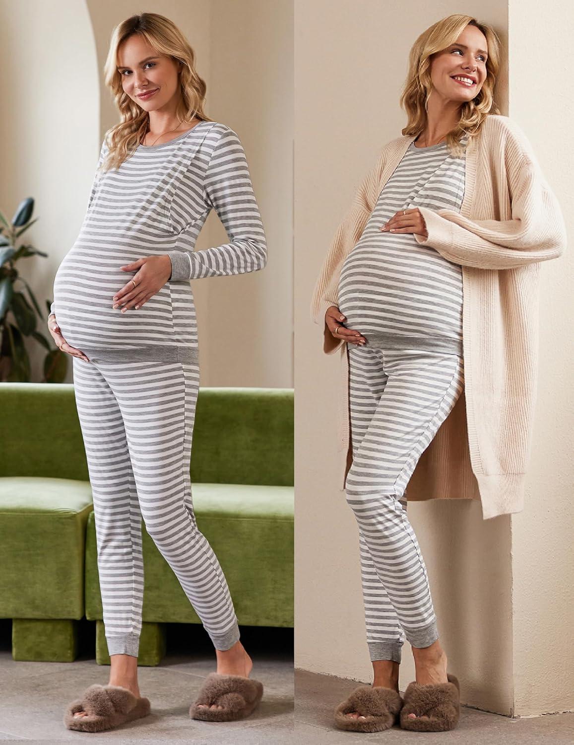 imageEkouaer Nursing Pajama Set Long Sleeve Maternity Clothes Labor Pregnancy Pjs Breastfeeding Thermal Underwear SleepwearAsh Light Gray Stripe