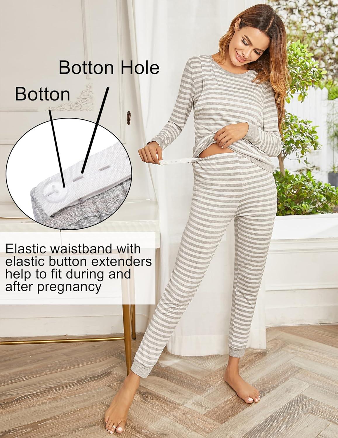 imageEkouaer Nursing Pajama Set Long Sleeve Maternity Clothes Labor Pregnancy Pjs Breastfeeding Thermal Underwear SleepwearAsh Light Gray Stripe