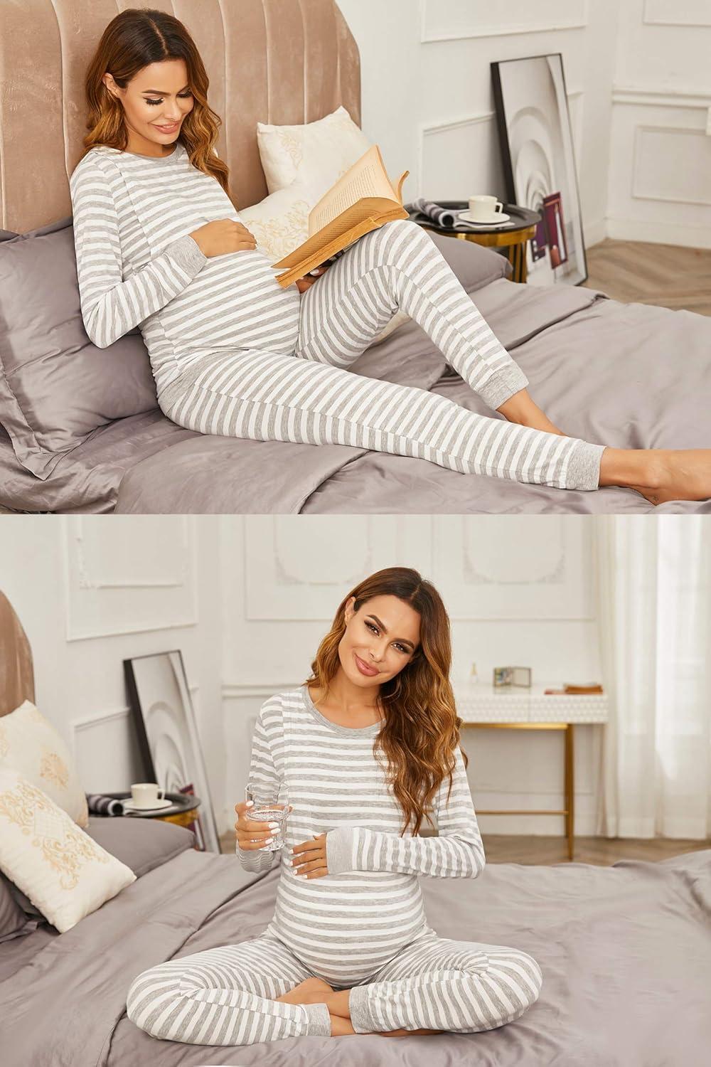 imageEkouaer Nursing Pajama Set Long Sleeve Maternity Clothes Labor Pregnancy Pjs Breastfeeding Thermal Underwear SleepwearAsh Light Gray Stripe