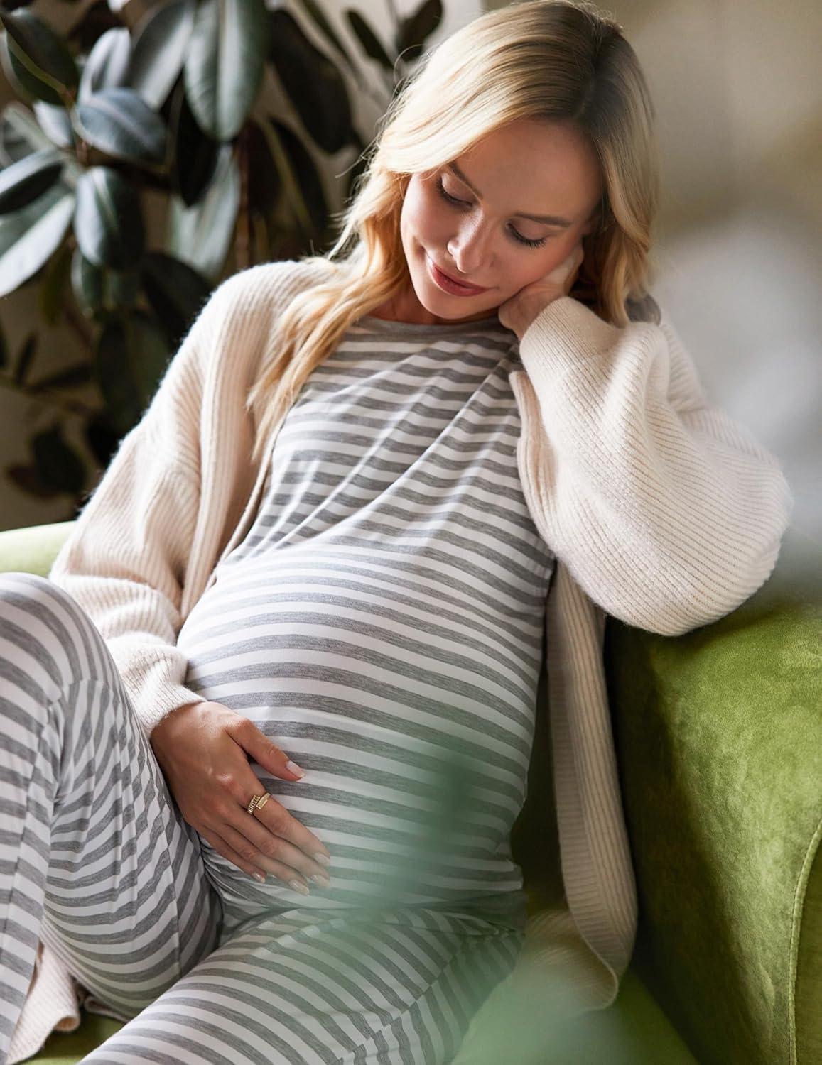 imageEkouaer Nursing Pajama Set Long Sleeve Maternity Clothes Labor Pregnancy Pjs Breastfeeding Thermal Underwear SleepwearAsh Light Gray Stripe