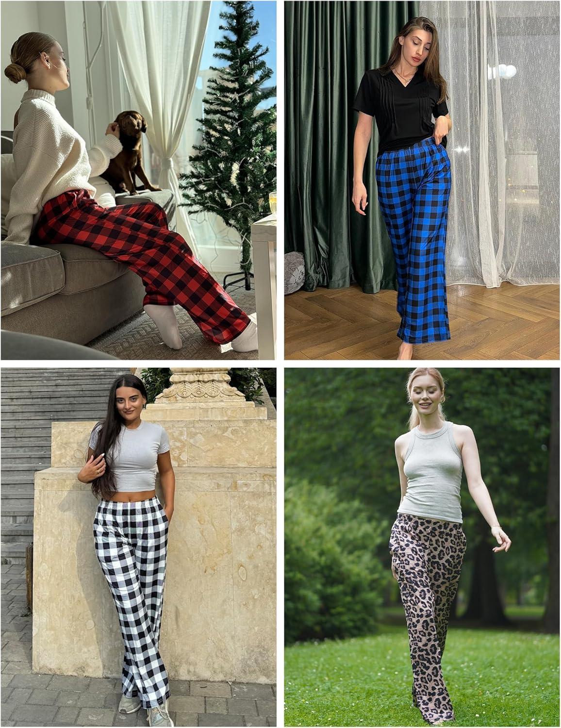 imageEkouaer Pajama Pants for Women Soft Comfy Pajama Bottoms Casual Stretch Wide Leg Pants with PocketsLeopard Print