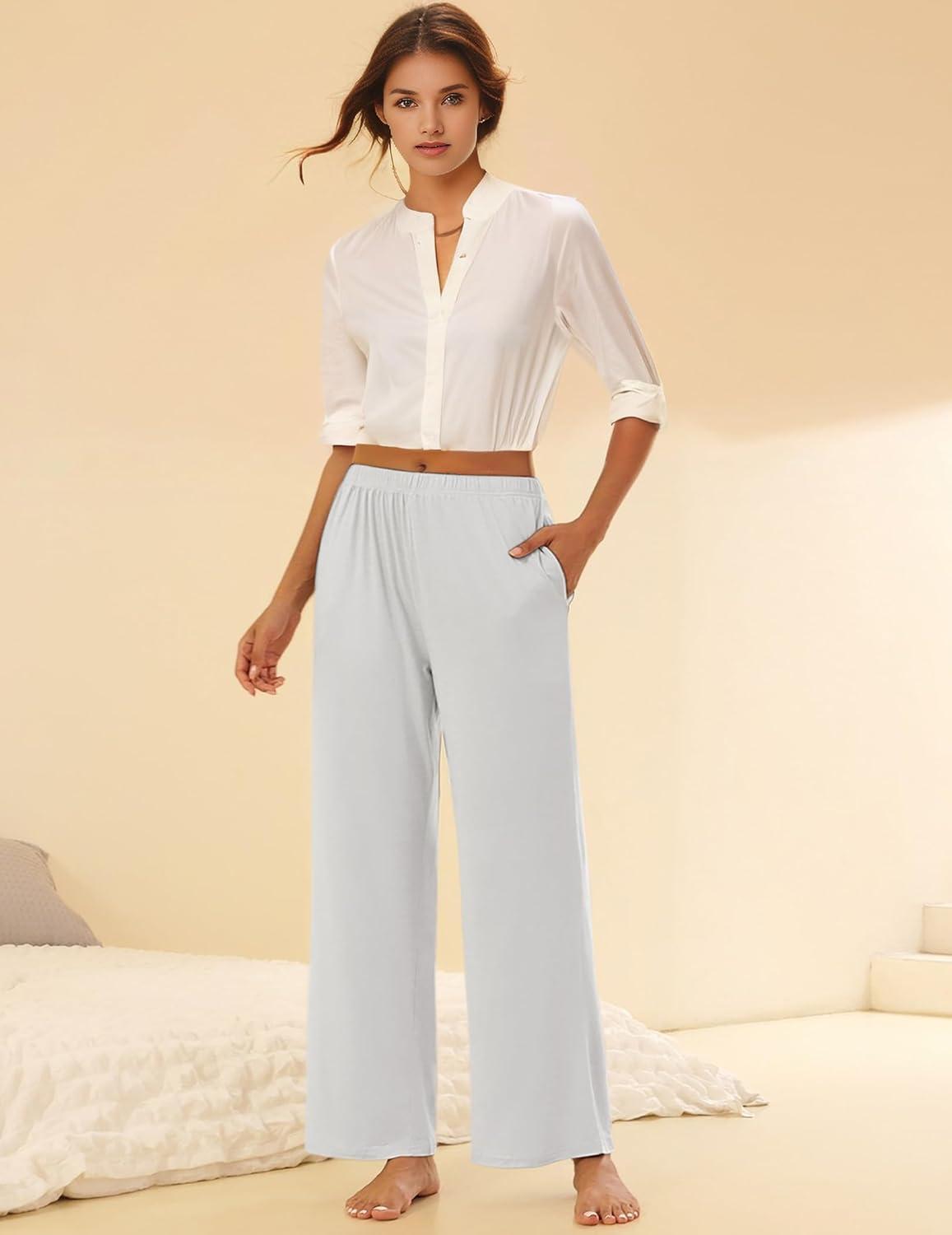 imageEkouaer Pajama Pants for Women Soft Comfy Pajama Bottoms Casual Stretch Wide Leg Pants with PocketsLight Grey