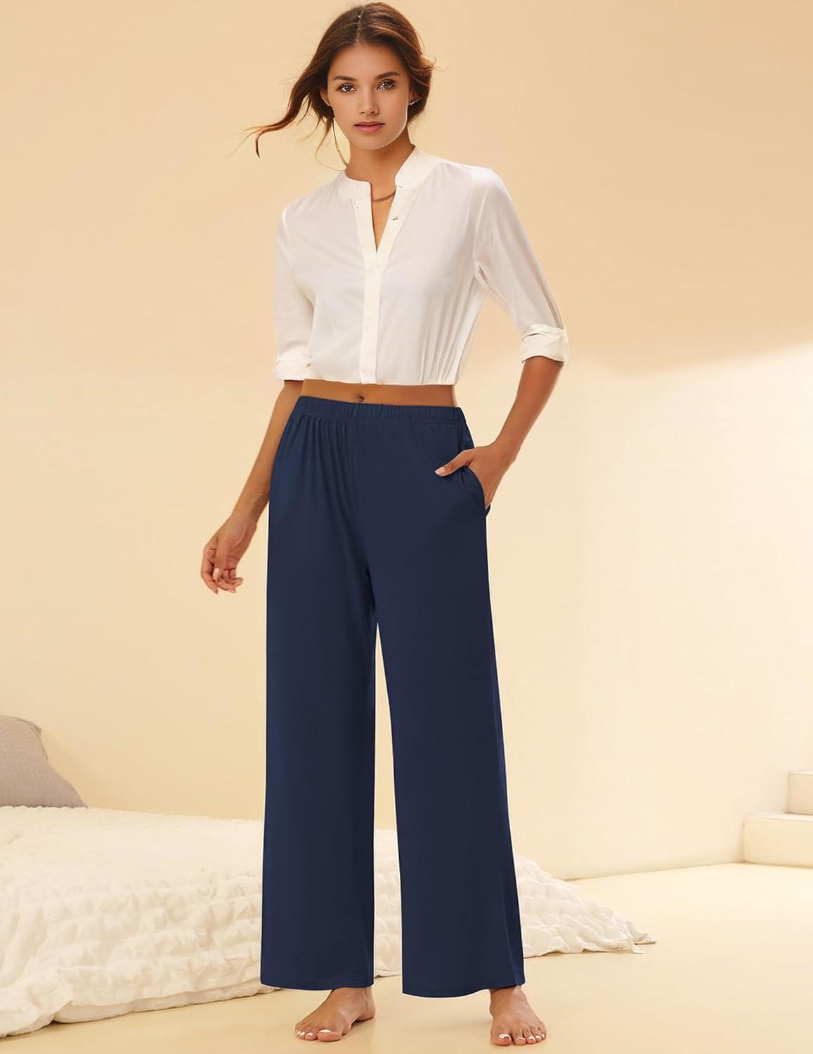imageEkouaer Pajama Pants for Women Soft Comfy Pajama Bottoms Casual Stretch Wide Leg Pants with PocketsNavy
