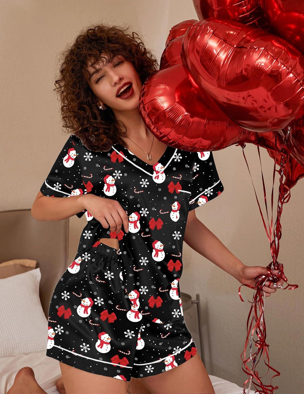 imageEkouaer Silk Pajama for Women Short Sleeve Satin Pj Set Two Piece Soft Sleepwear Loungewear SXXLAblack Snowman