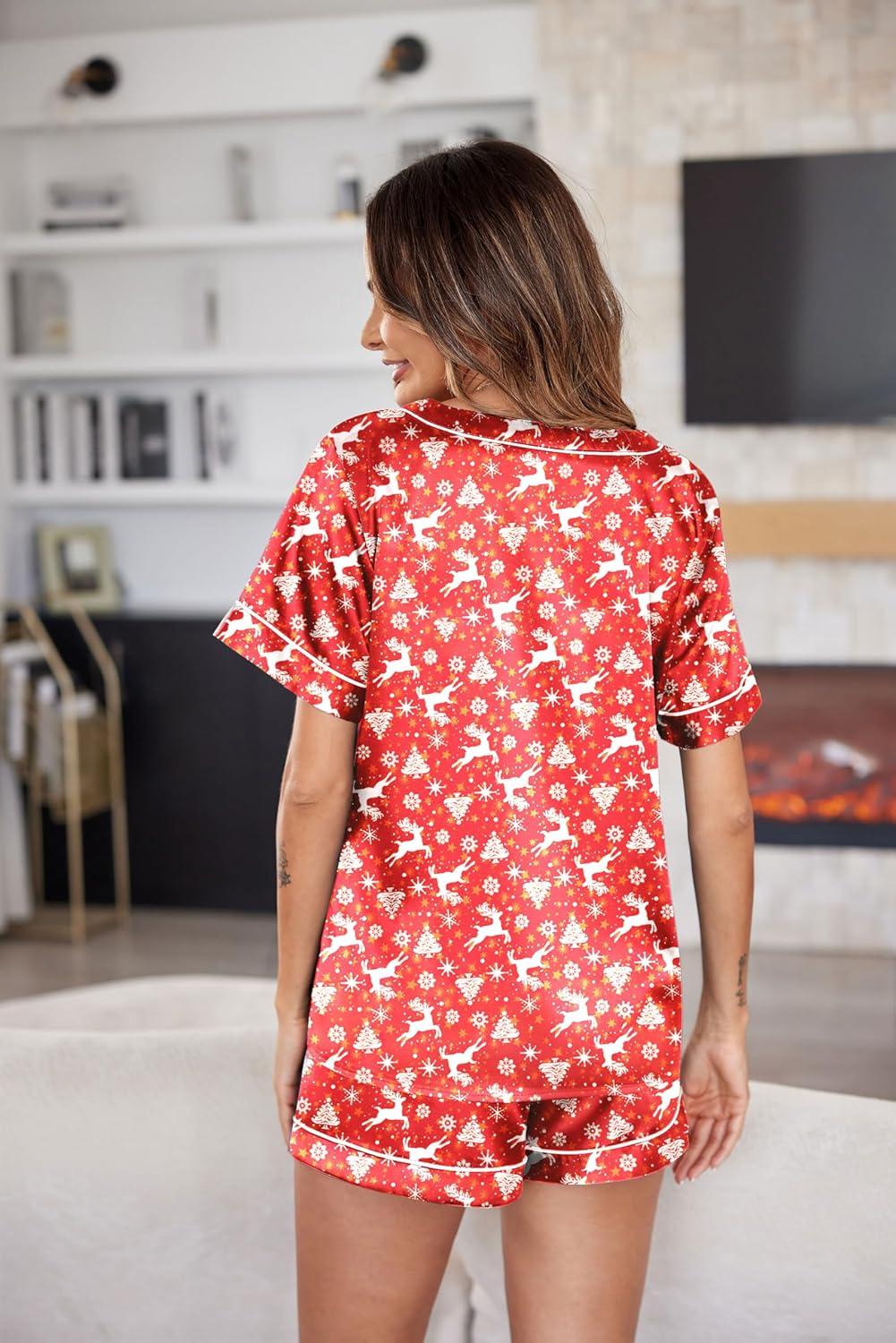 imageEkouaer Silk Pajama for Women Short Sleeve Satin Pj Set Two Piece Soft Sleepwear Loungewear SXXLAred Reindeer