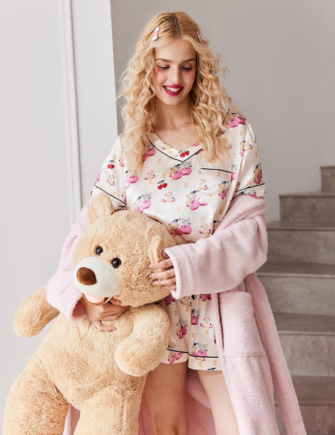 imageEkouaer Silk Pajama for Women Short Sleeve Satin Pj Set Two Piece Soft Sleepwear Loungewear SXXLChampagne Teddy