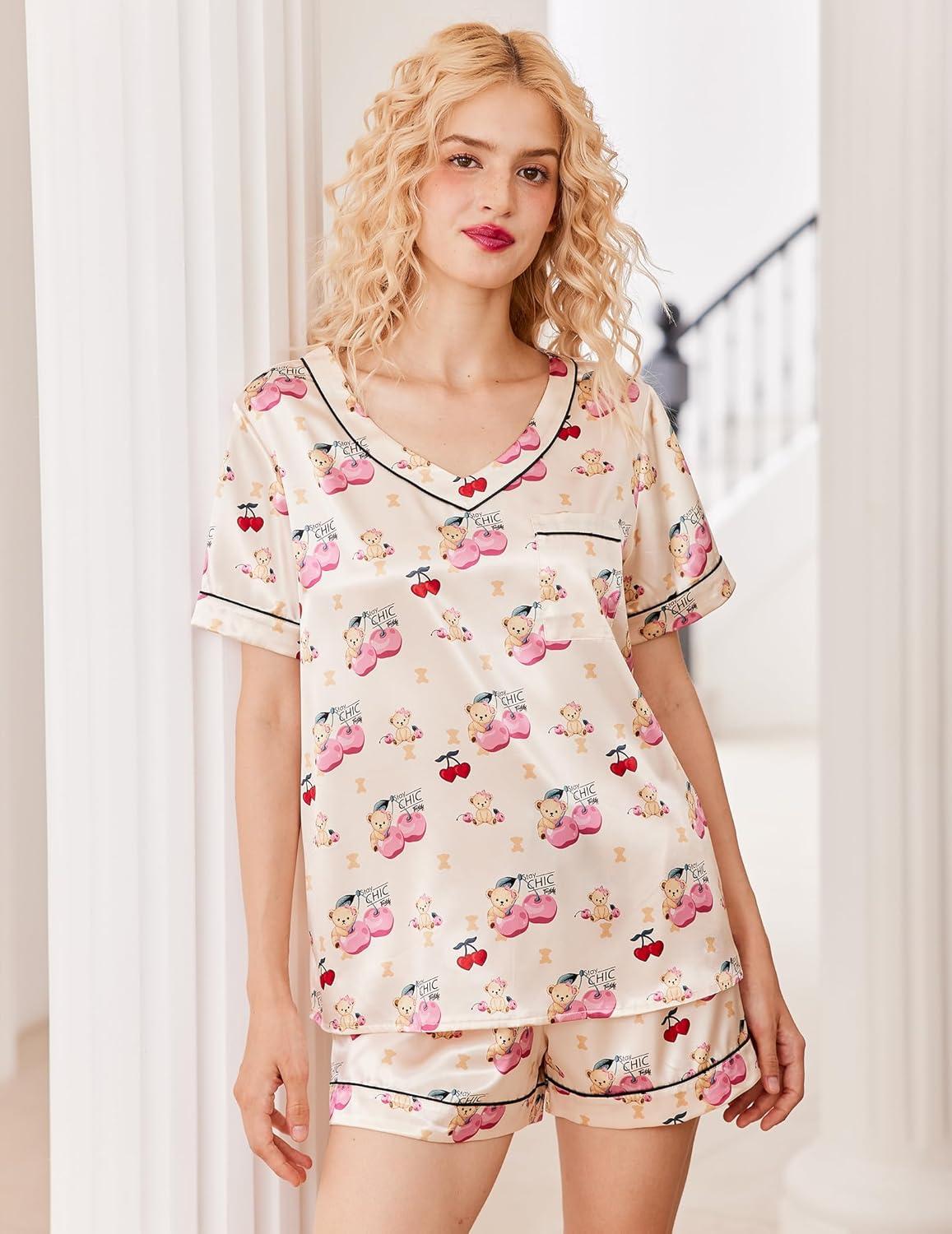 imageEkouaer Silk Pajama for Women Short Sleeve Satin Pj Set Two Piece Soft Sleepwear Loungewear SXXLChampagne Teddy