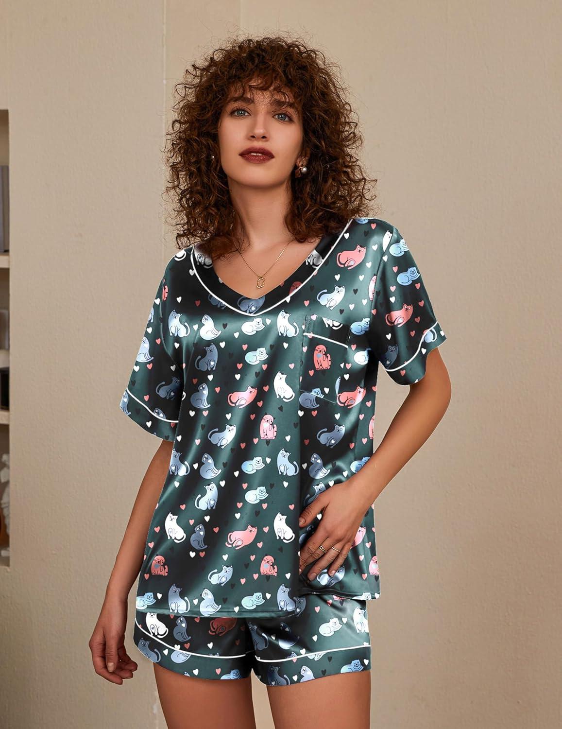 imageEkouaer Silk Pajama for Women Short Sleeve Satin Pj Set Two Piece Soft Sleepwear Loungewear SXXLDark Blue Cat Heart