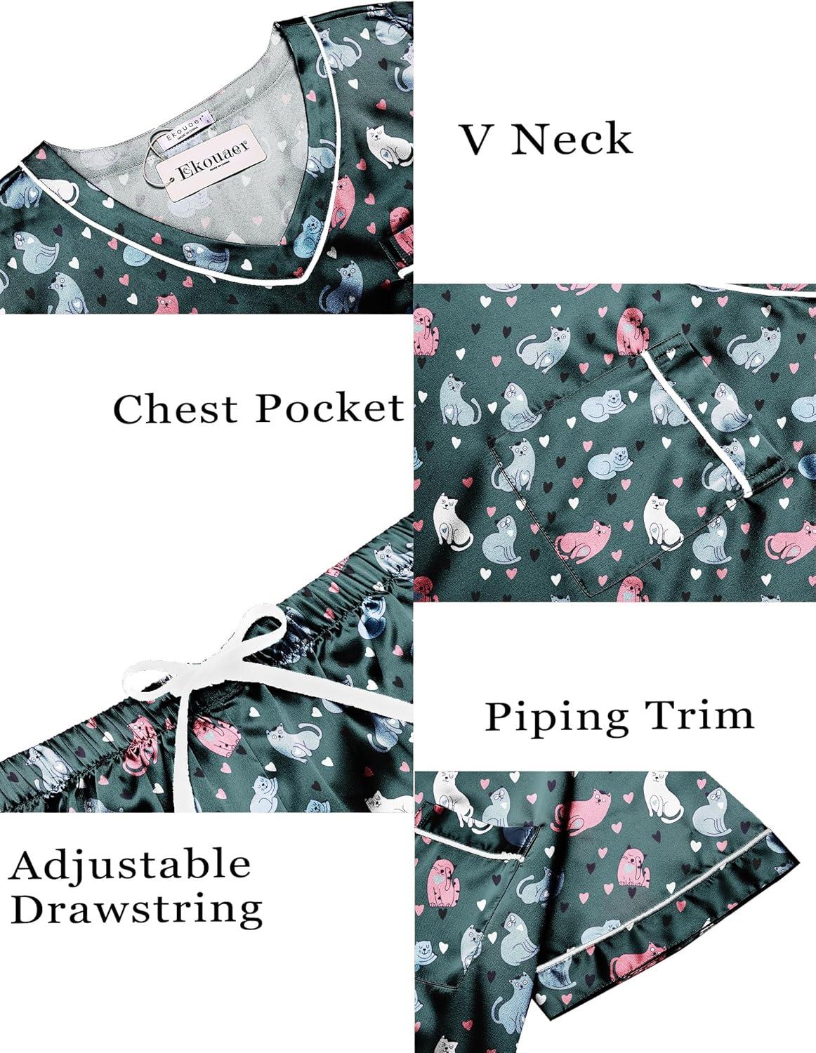 imageEkouaer Silk Pajama for Women Short Sleeve Satin Pj Set Two Piece Soft Sleepwear Loungewear SXXLDark Blue Cat Heart