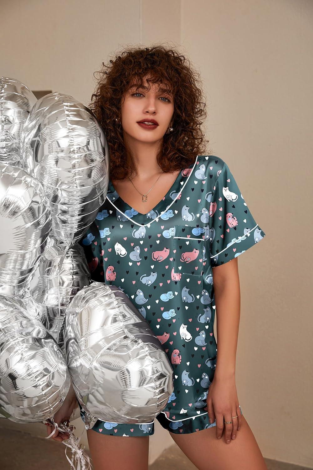 imageEkouaer Silk Pajama for Women Short Sleeve Satin Pj Set Two Piece Soft Sleepwear Loungewear SXXLDark Blue Cat Heart