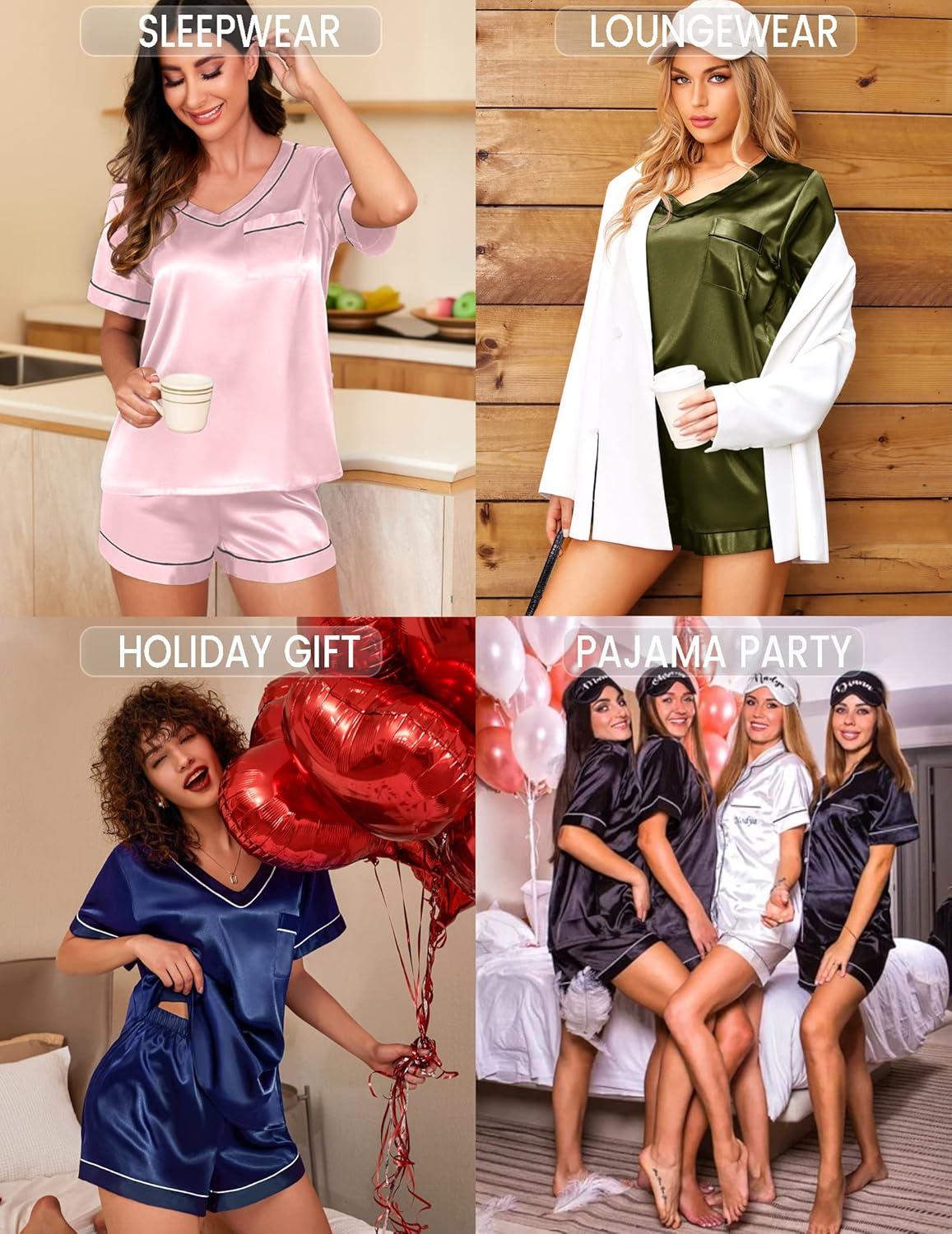 imageEkouaer Silk Pajama for Women Short Sleeve Satin Pj Set Two Piece Soft Sleepwear Loungewear SXXLGreen