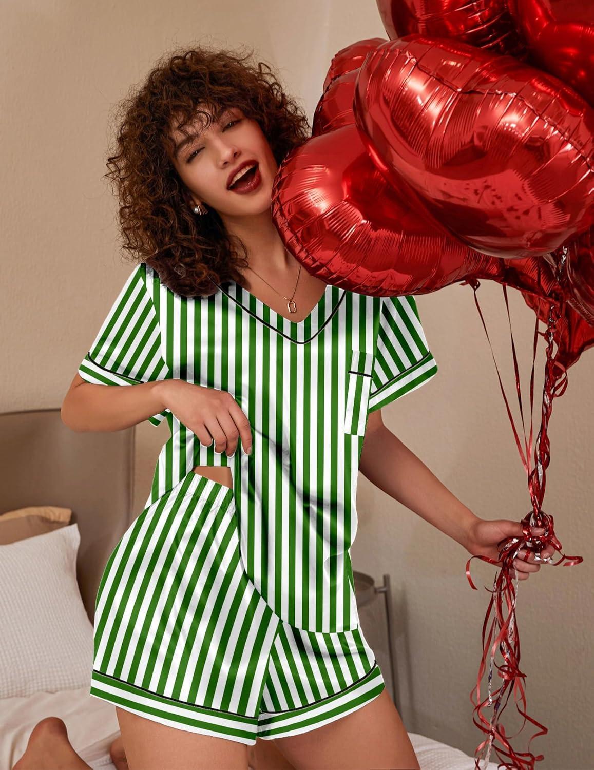 imageEkouaer Silk Pajama for Women Short Sleeve Satin Pj Set Two Piece Soft Sleepwear Loungewear SXXLGreenwhite Stripes