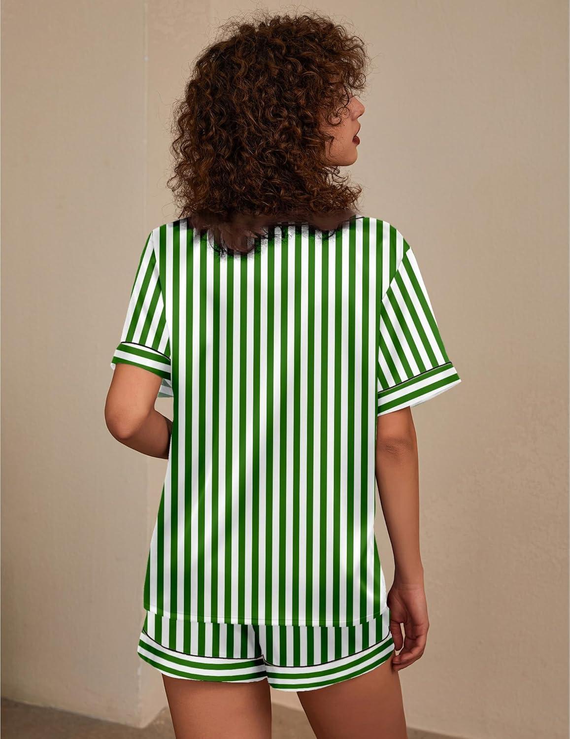 imageEkouaer Silk Pajama for Women Short Sleeve Satin Pj Set Two Piece Soft Sleepwear Loungewear SXXLGreenwhite Stripes