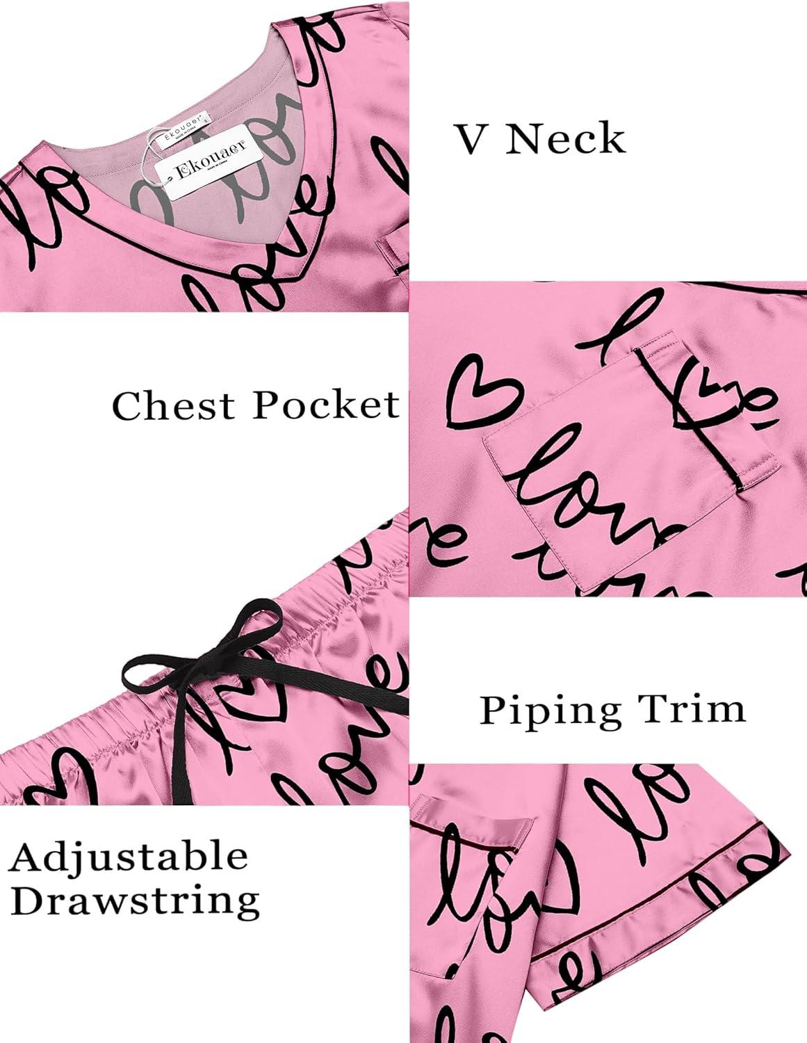 imageEkouaer Silk Pajama for Women Short Sleeve Satin Pj Set Two Piece Soft Sleepwear Loungewear SXXLLove