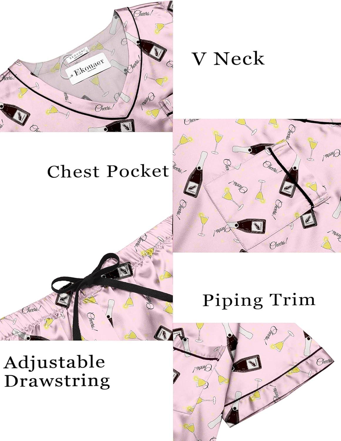 imageEkouaer Silk Pajama for Women Short Sleeve Satin Pj Set Two Piece Soft Sleepwear Loungewear SXXLPink Wine Glass