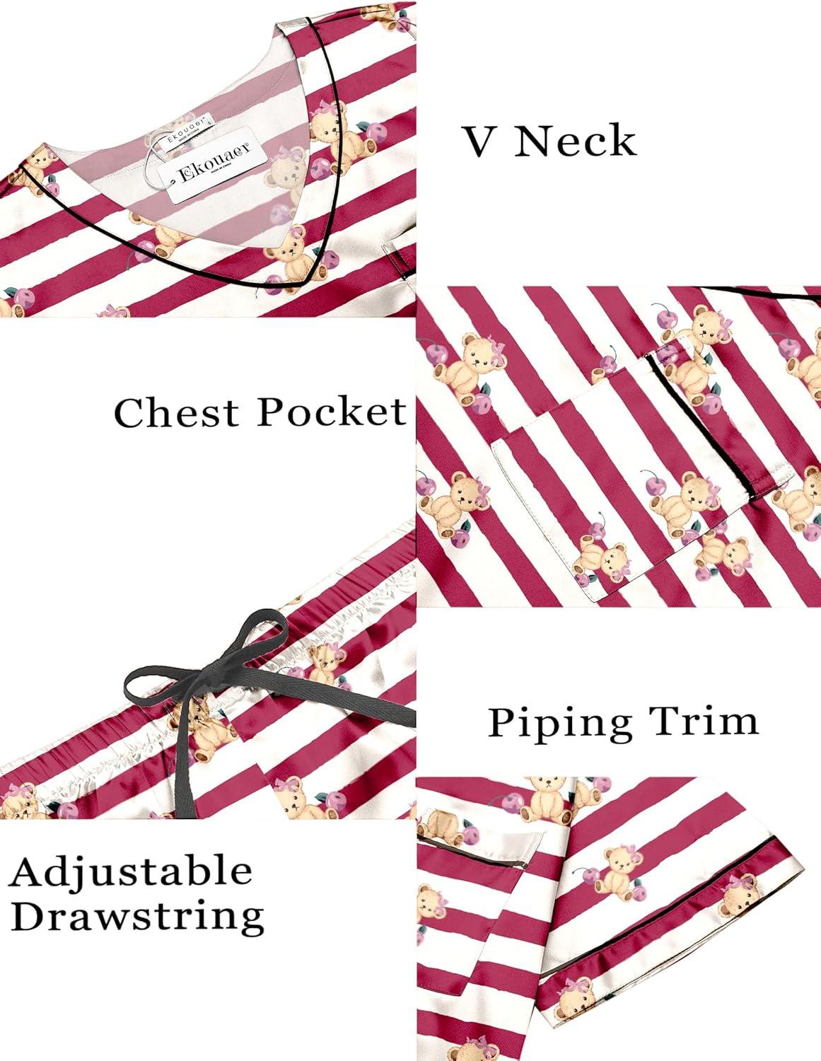 imageEkouaer Silk Pajama for Women Short Sleeve Satin Pj Set Two Piece Soft Sleepwear Loungewear SXXLRed Striped Teddy