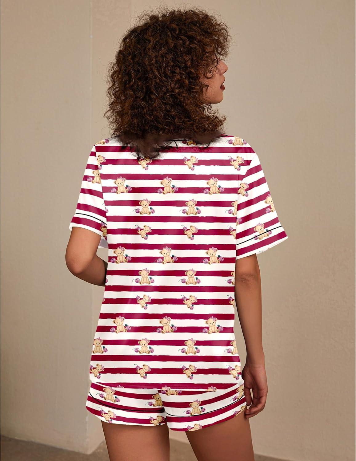 imageEkouaer Silk Pajama for Women Short Sleeve Satin Pj Set Two Piece Soft Sleepwear Loungewear SXXLRed Striped Teddy