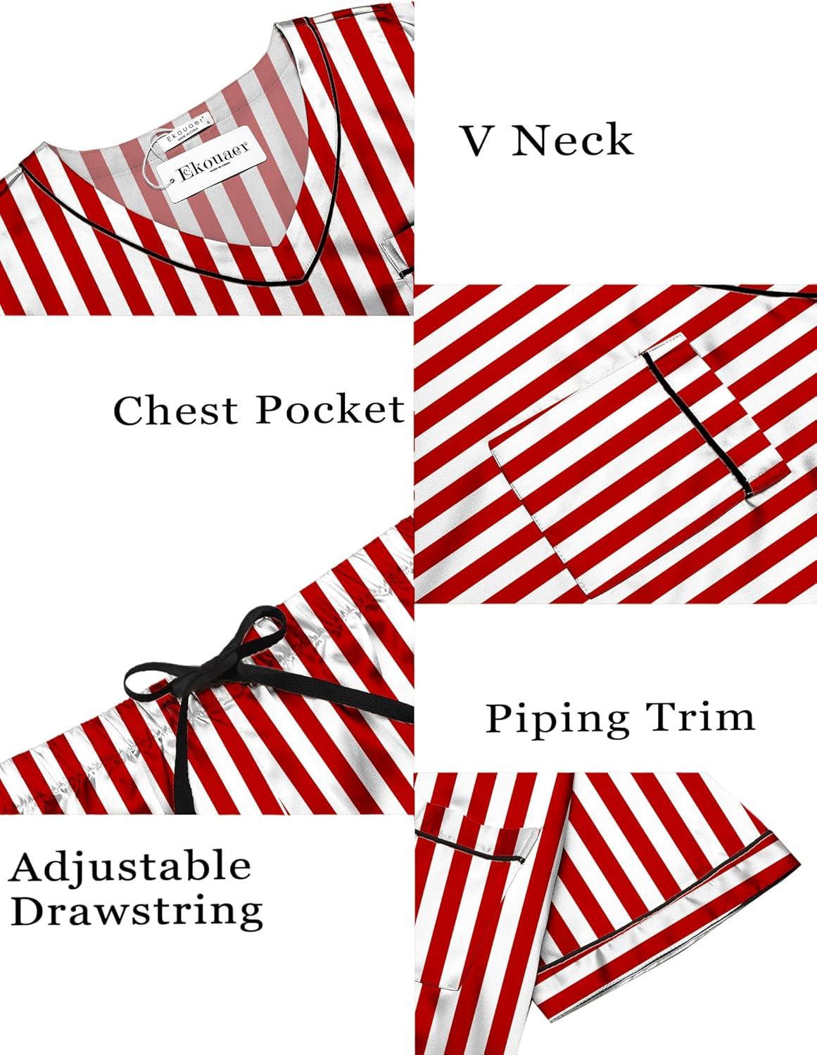 imageEkouaer Silk Pajama for Women Short Sleeve Satin Pj Set Two Piece Soft Sleepwear Loungewear SXXLRedwhite Stripes