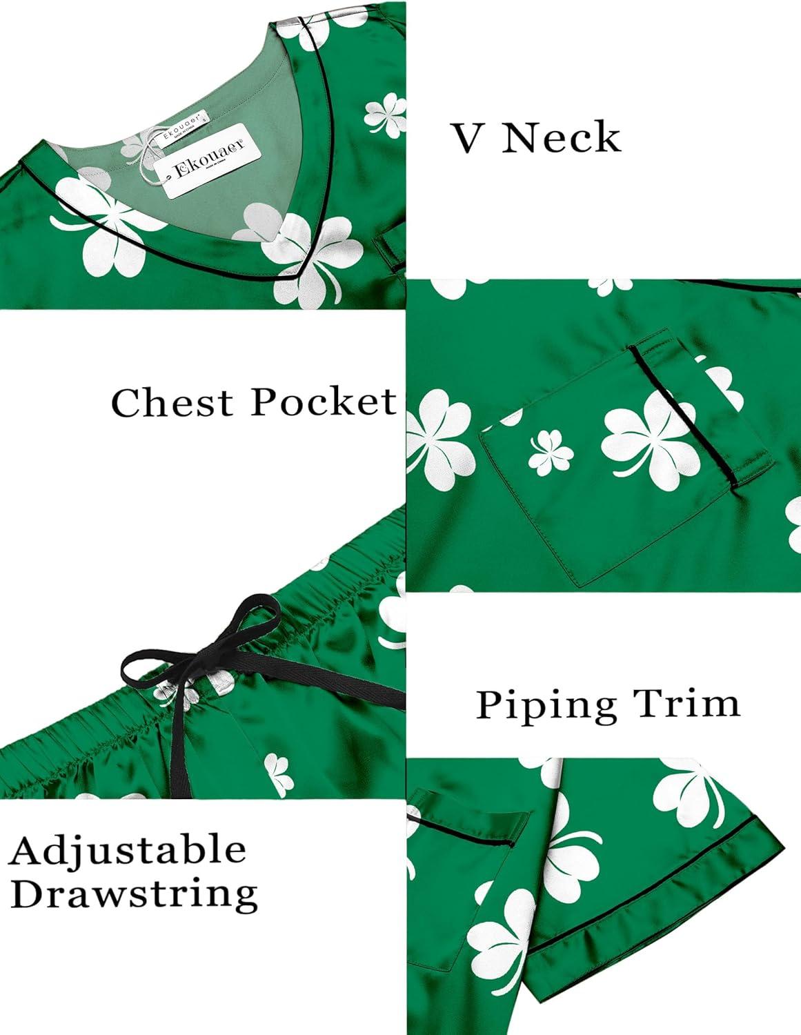 imageEkouaer Silk Pajama for Women Short Sleeve Satin Pj Set Two Piece Soft Sleepwear Loungewear SXXLShamrock