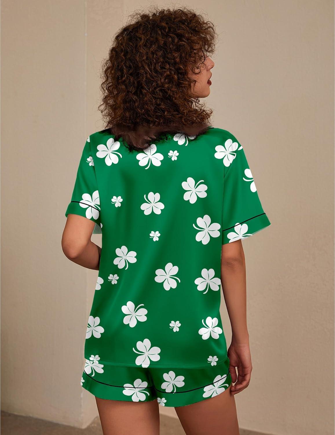 imageEkouaer Silk Pajama for Women Short Sleeve Satin Pj Set Two Piece Soft Sleepwear Loungewear SXXLShamrock