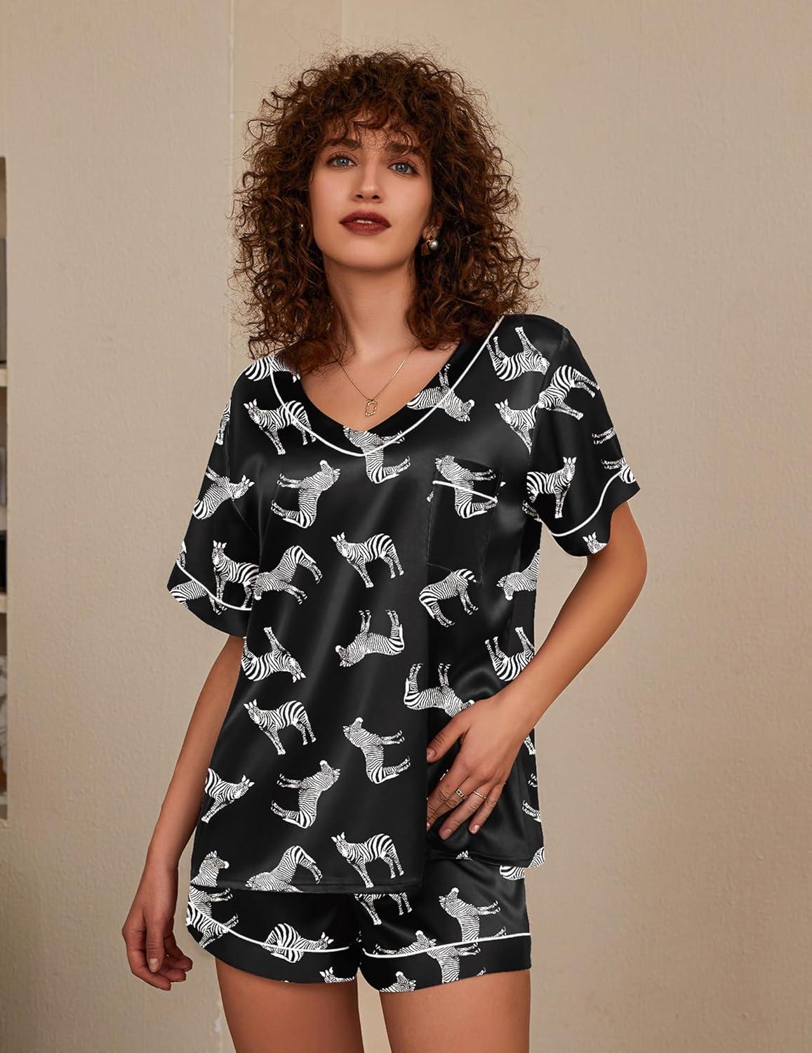 imageEkouaer Silk Pajama for Women Short Sleeve Satin Pj Set Two Piece Soft Sleepwear Loungewear SXXLZebra