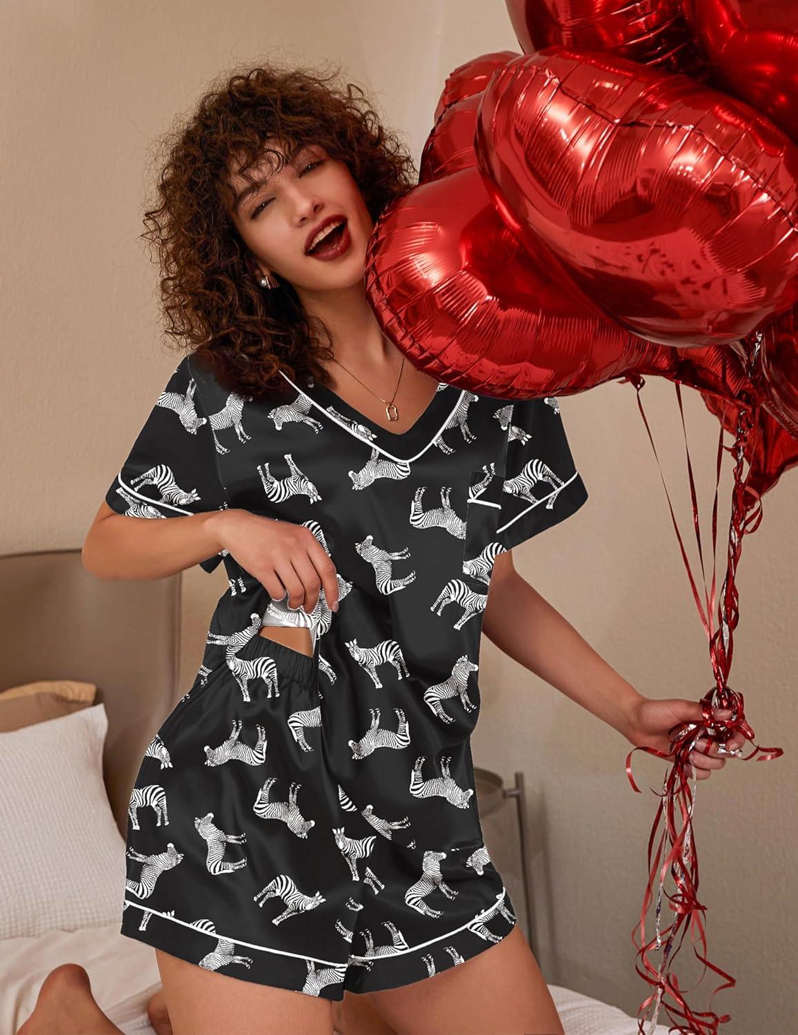 imageEkouaer Silk Pajama for Women Short Sleeve Satin Pj Set Two Piece Soft Sleepwear Loungewear SXXLZebra