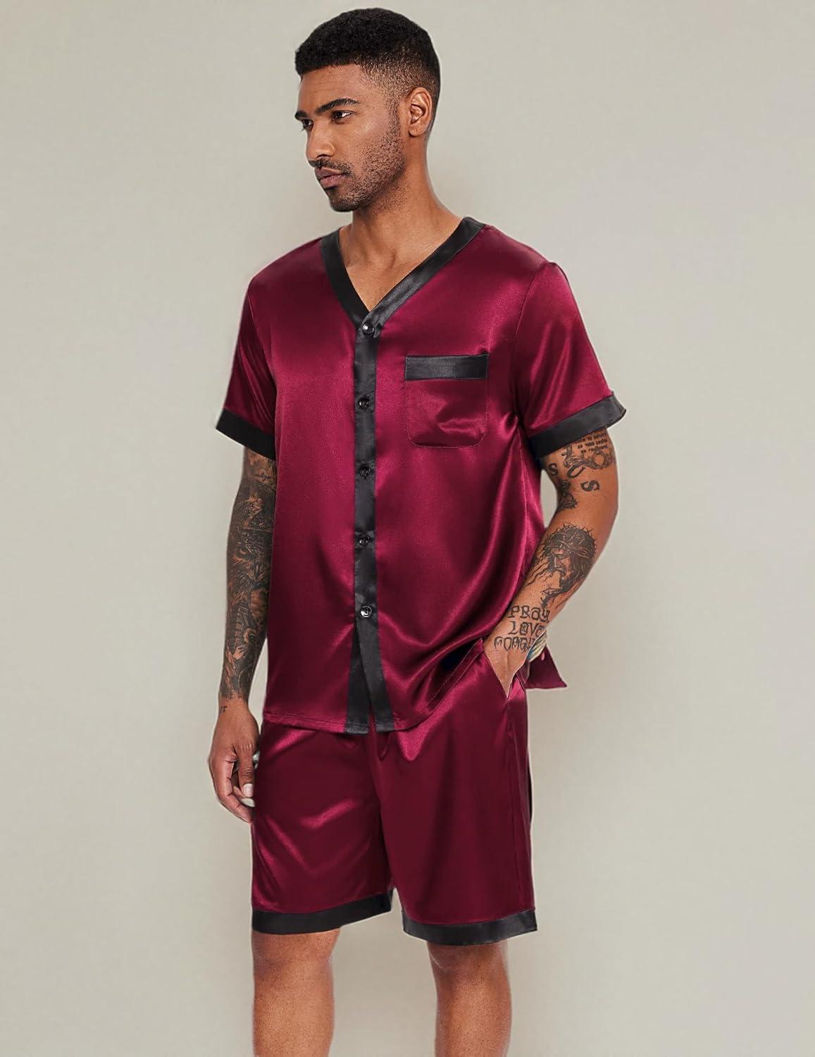imageEkouaer Silk Pajamas for Men Satin Pajama Shorts 2 Piece Button Down Pj Set V Neck Sleepwear Loungewear with Pockets SXXLWine Red