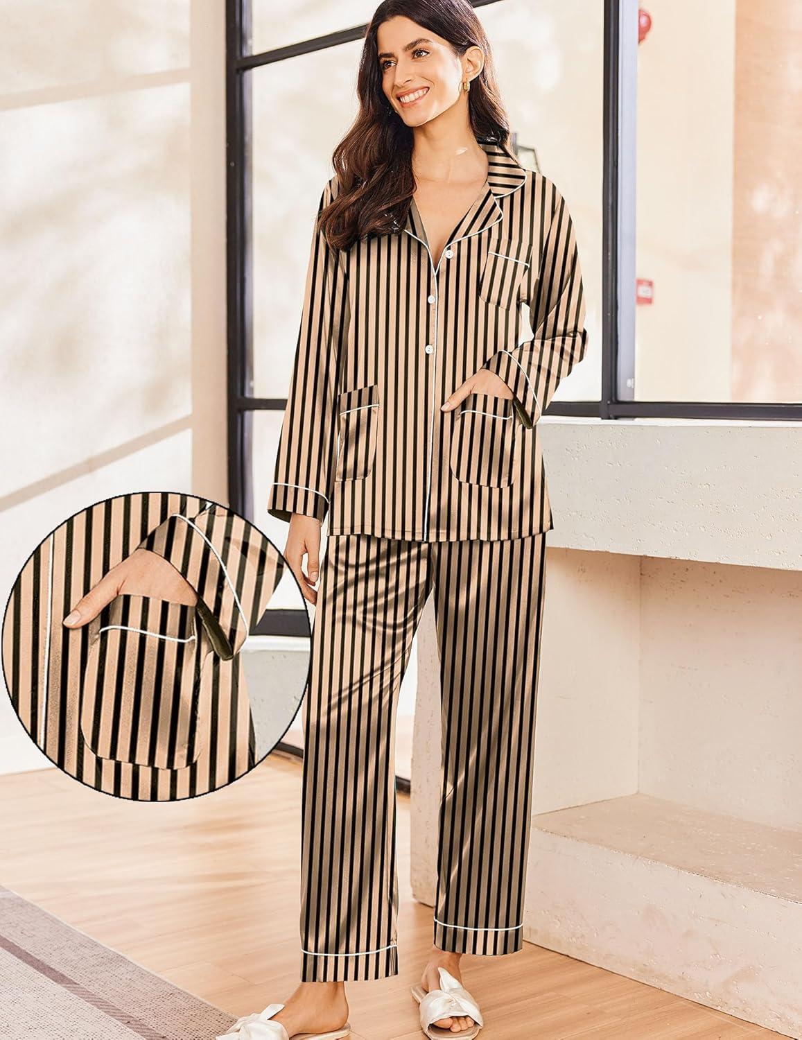 imageEkouaer Silk Pajamas for Women Classic Button Down Satin Pajama Sets Long Sleeve Lounge SetBlack Brown Stripe