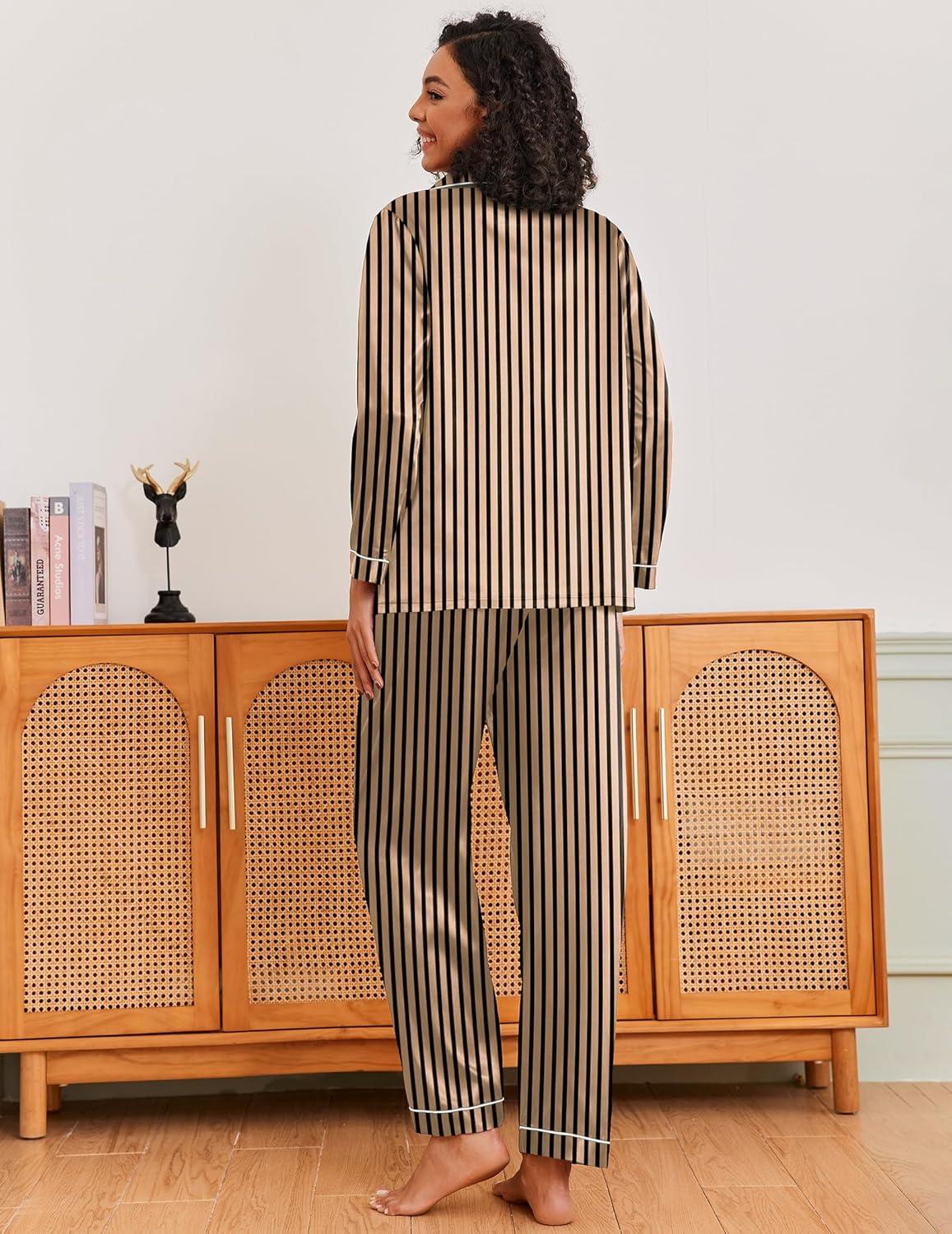 imageEkouaer Silk Pajamas for Women Classic Button Down Satin Pajama Sets Long Sleeve Lounge SetBlack Brown Stripe