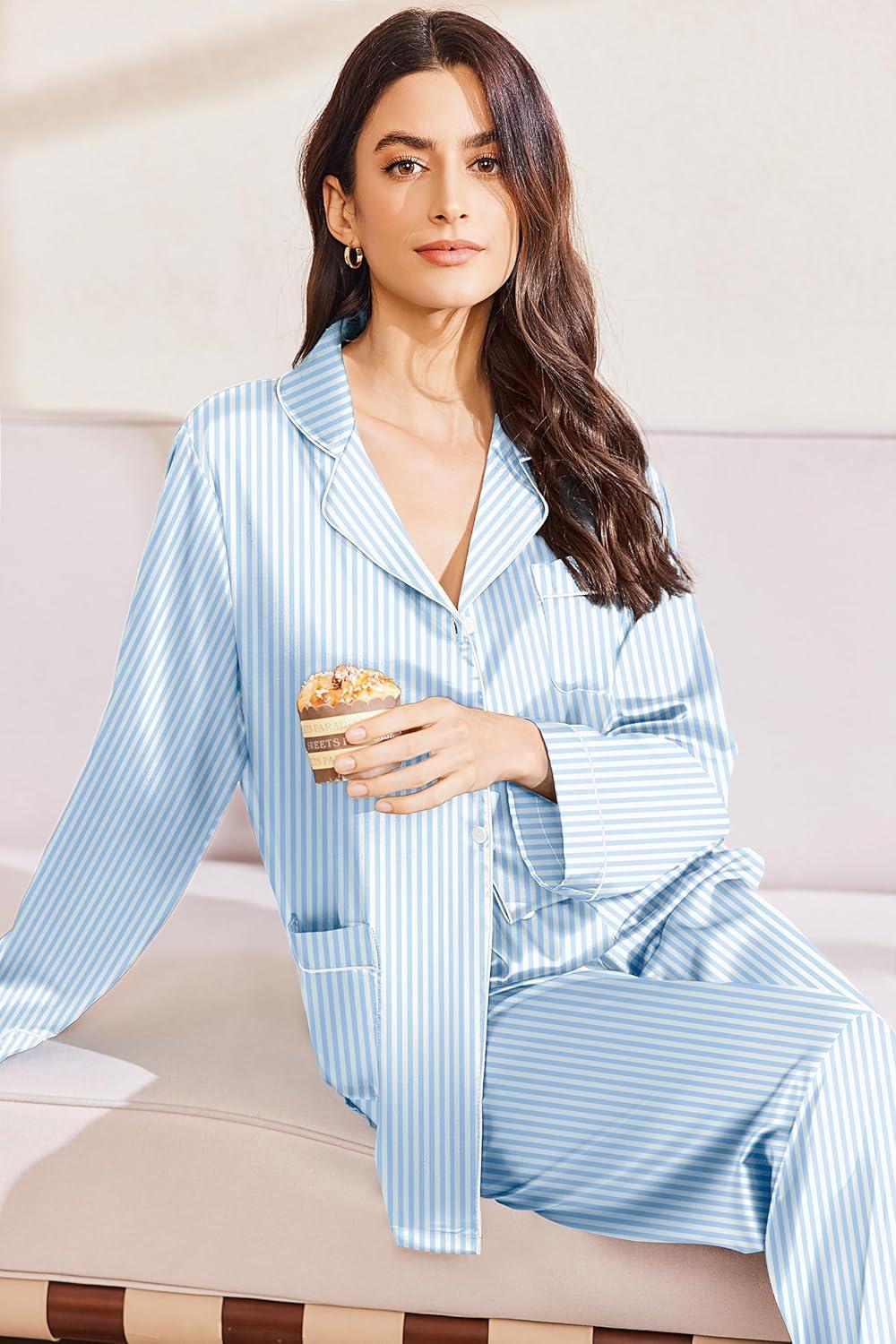 imageEkouaer Silk Pajamas for Women Classic Button Down Satin Pajama Sets Long Sleeve Lounge SetBlue Striped