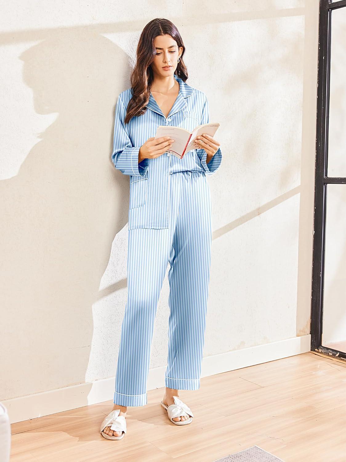 imageEkouaer Silk Pajamas for Women Classic Button Down Satin Pajama Sets Long Sleeve Lounge SetBlue Striped